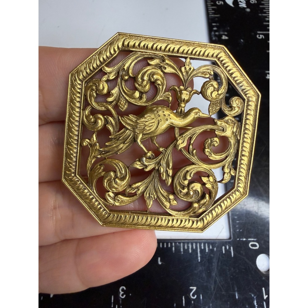 Vallauris Gold Tone Octagon Bird Openwork Brooch Pin Statement Jewelry